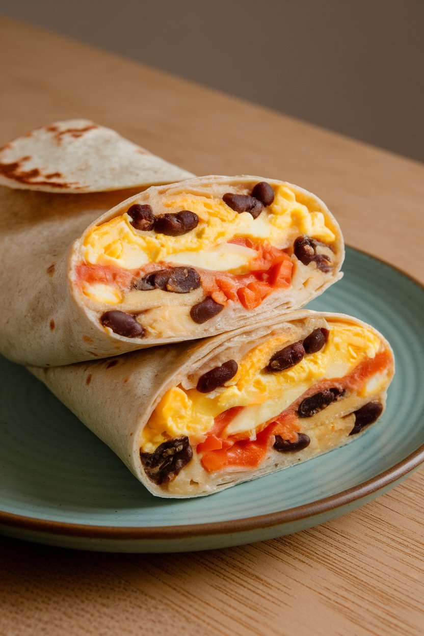Photo of a sliced breakfast burrito on an indoor plate showing scrambled eggs, black beans, peppers, and cheese inside a whole-wheat tortilla, no text or logos