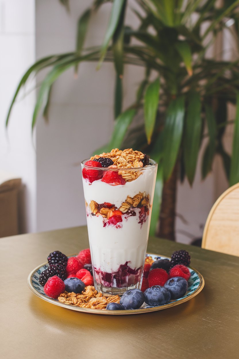 An indoor café-style table with a tall glass parfait layered with thick Greek yogurt, mixed berries, and a sprinkle of granola on top. Photo only; no text or logos.