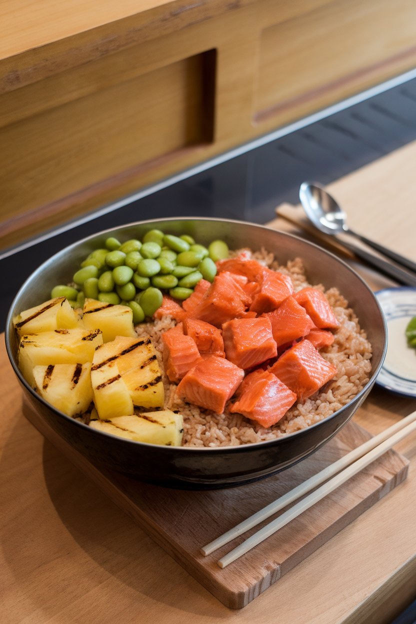 An indoor counter bowl containing brown rice, teriyaki-glazed salmon chunks, grilled pineapple pieces, and edamame. No logos or text present.