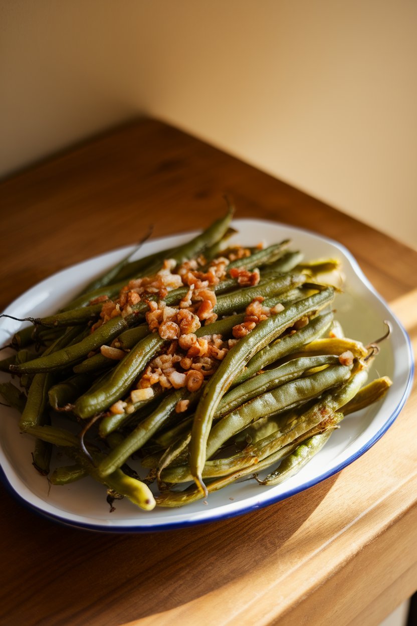 Indoor shot of a white ceramic platter piled with tender roasted green beans, lightly blistered and dotted with minced roasted garlic, set on a wooden table under warm lighting. No text or logos.
