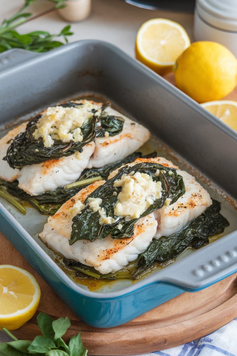A baking dish indoors containing cooked tilapia fillets topped with garlic butter alongside wilted spinach; no text or logos.