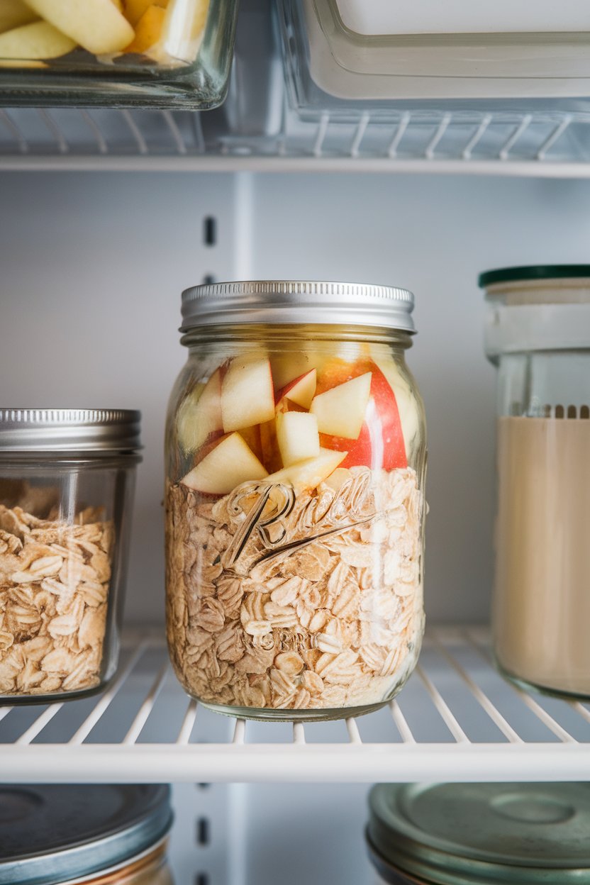 An indoor refrigerator shelf view of a mason jar filled with oats, diced apple, and cinnamon, secured with a lid. No text or logos visible. Photo.