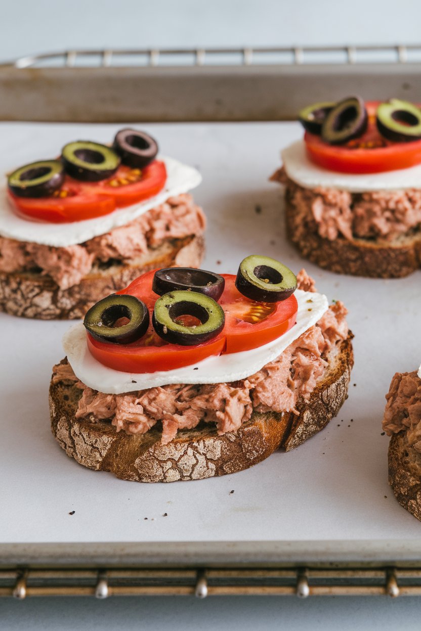 Photo of an indoor oven tray with open-faced tuna melts topped with tomatoes, olives, and melted mozzarella on whole-grain bread; no text or logos
