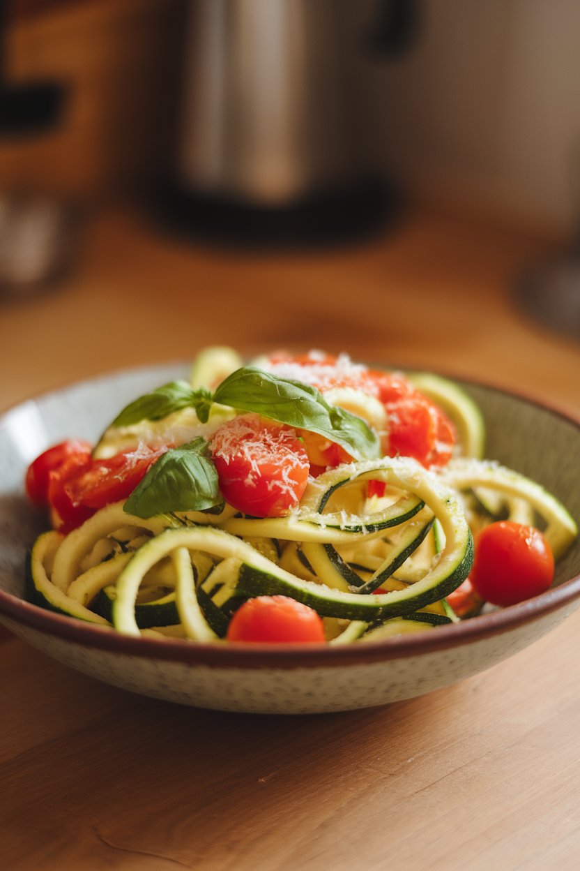 Indoor tabletop scene showing a shallow bowl of zucchini spirals tossed with cherry tomatoes, basil ribbons, and a sprinkle of grated Parmesan, captured under warm lighting. No text or logos; photo only.