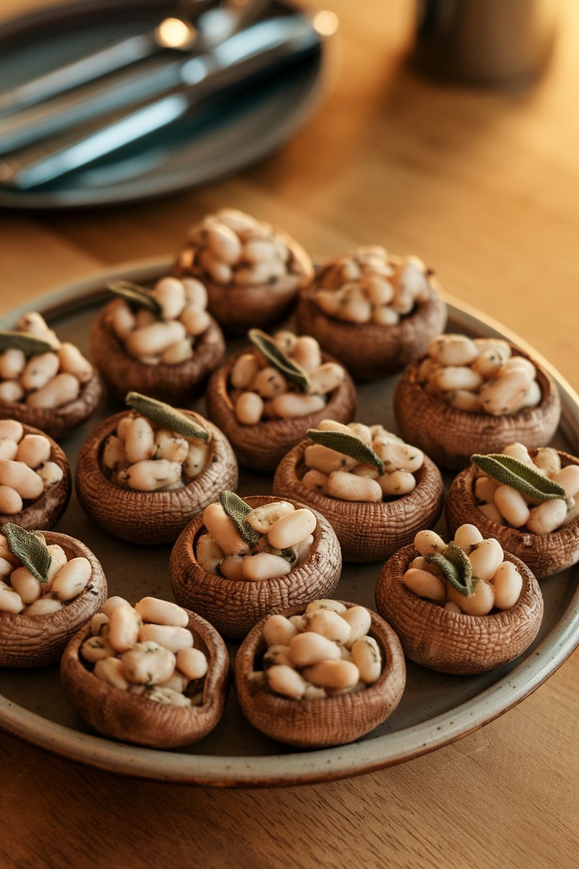Indoor photo of bite-sized mushroom caps filled with white bean and sage mixture, arranged on a ceramic platter. No text or logos.