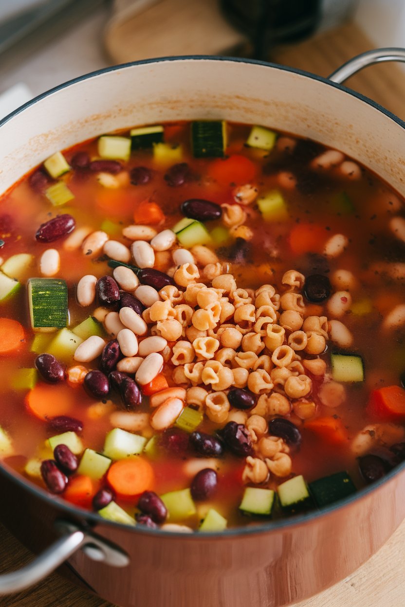 Indoor photo of a pot of colorful minestrone soup brimming with diced vegetables, beans, and small whole-wheat pasta; no text or logos.