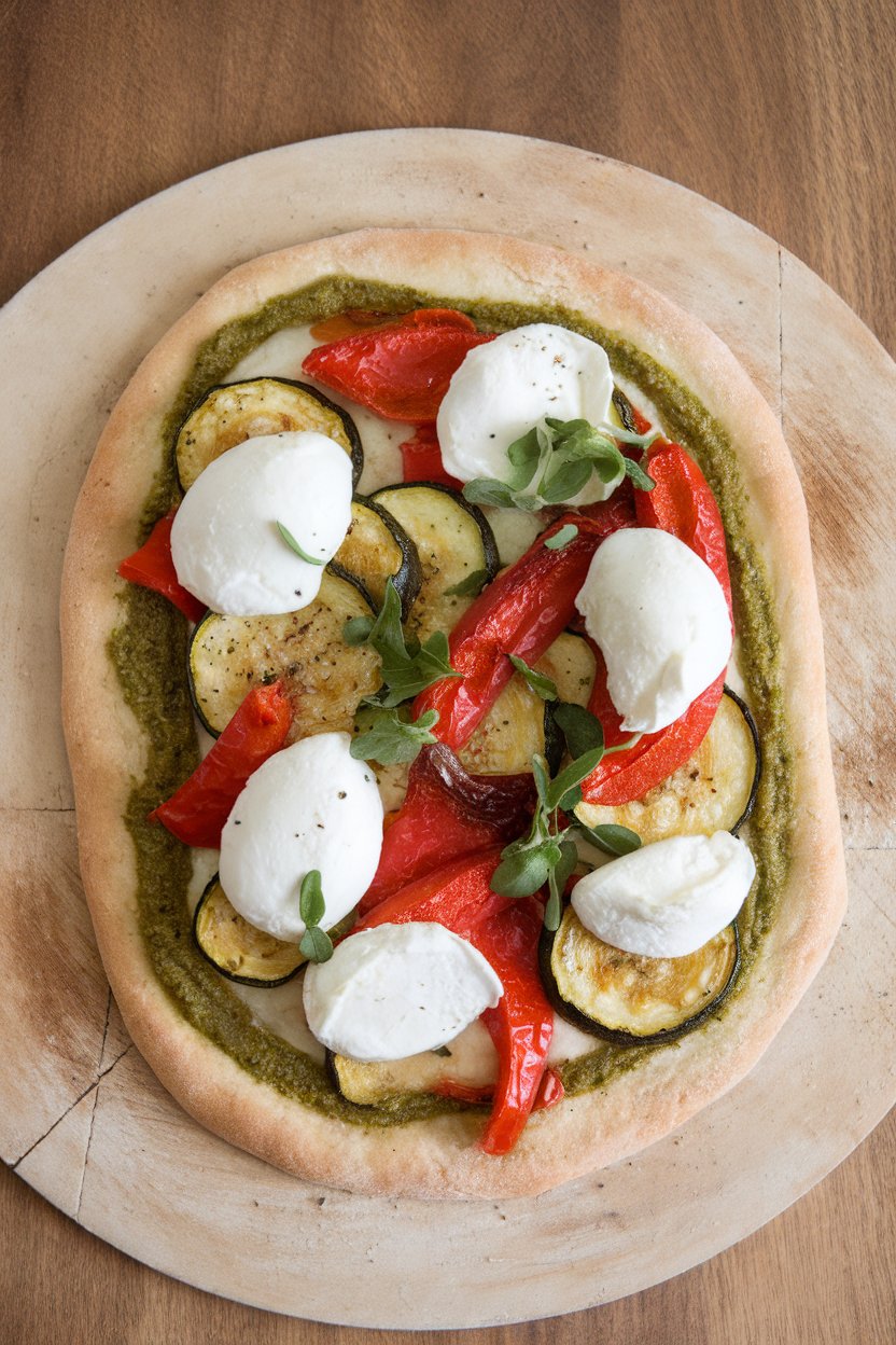 Indoor pizza stone showcasing flatbread topped with roasted zucchini, red peppers, mozzarella, and a swirl of green pesto. No text or logos.