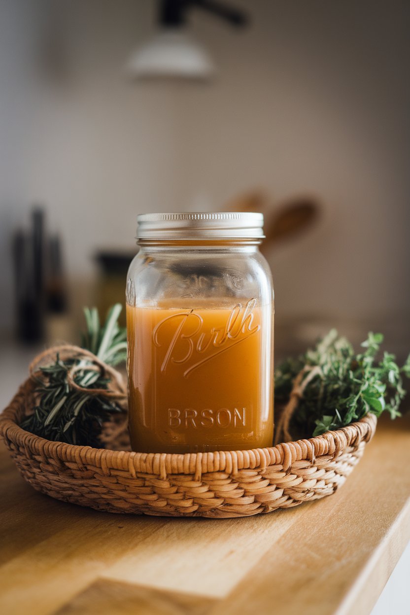 Indoor food photo of a clear mason jar filled with golden turkey bone broth on a wooden countertop; no text or logos.