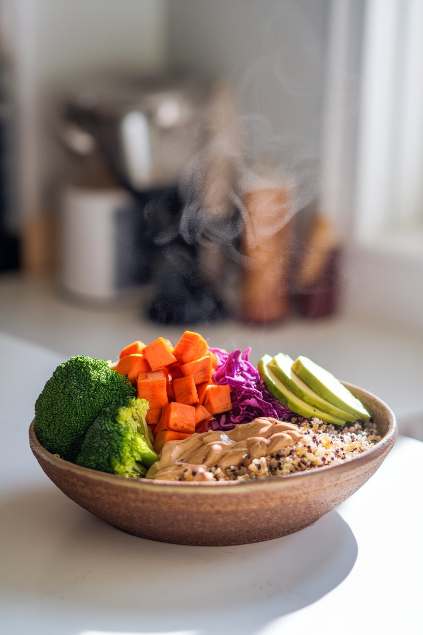 A brightly lit indoor kitchen counter holding a wide ceramic bowl layered with roasted sweet potato cubes, steamed broccoli florets, shredded red cabbage, sliced avocado, and quinoa, all drizzled with tahini. Steam gently curls upward; no text or logos in sight. Photo, not illustration.