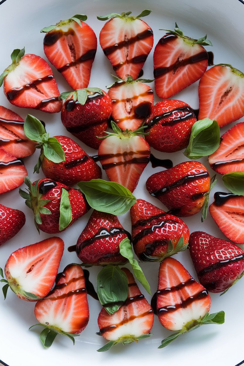 Indoor photo of sliced strawberries lightly glazed with balsamic reduction, fresh basil ribbons sprinkled over, on a white dish. No text or logos; photo.