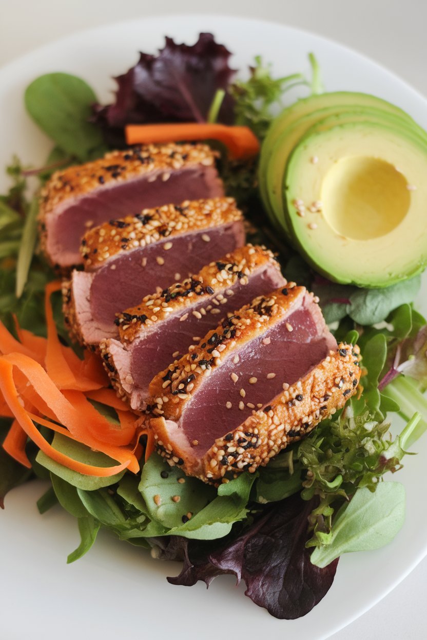 Indoor photo of sliced seared sesame-crusted tuna (fully cooked through) atop mixed greens with sliced avocado and carrot ribbons, sesame seeds sprinkled on top. No logos or text.