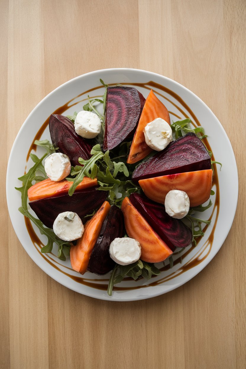 Indoor plate photo of roasted beet wedges nestled with arugula and dollops of goat cheese, balsamic glaze drizzled lightly. No text or logos.