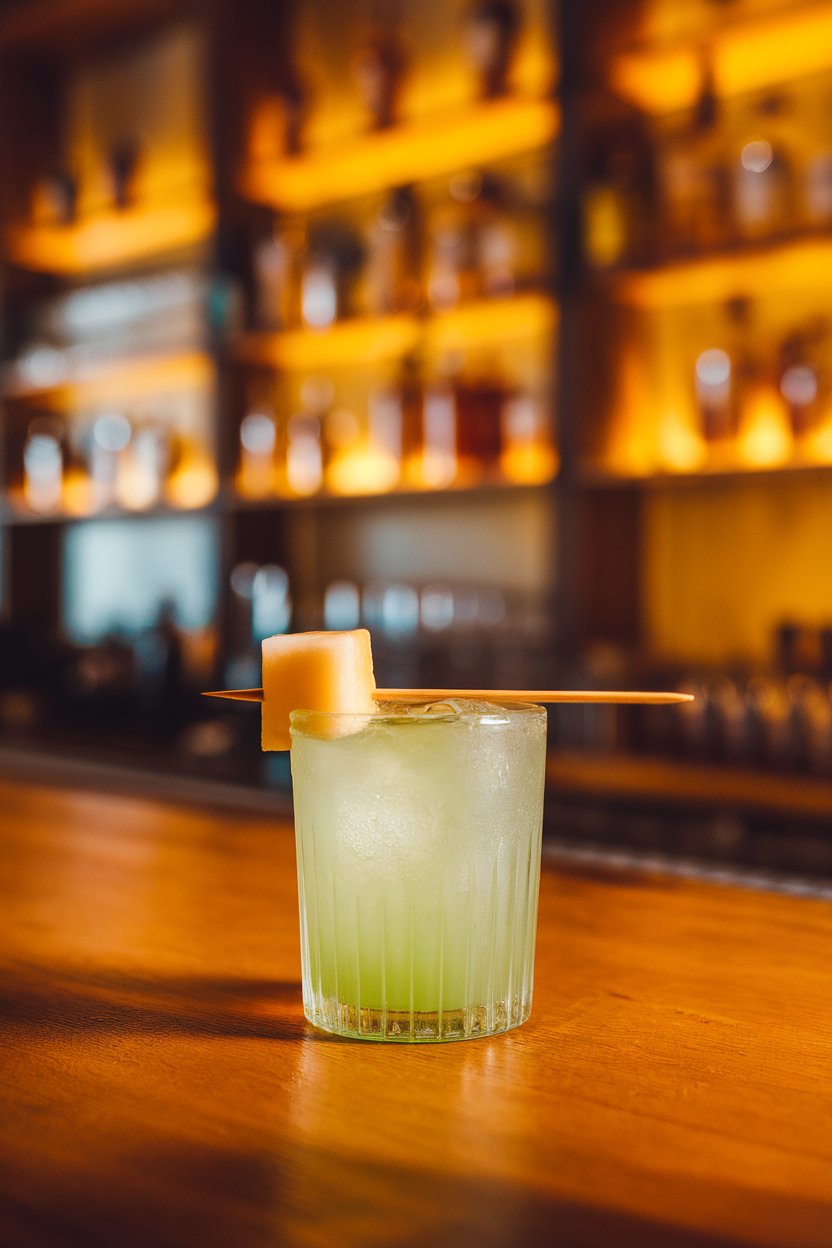 Photo of pale-green shots with tiny melon cube on pick, indoor bar; no branding.