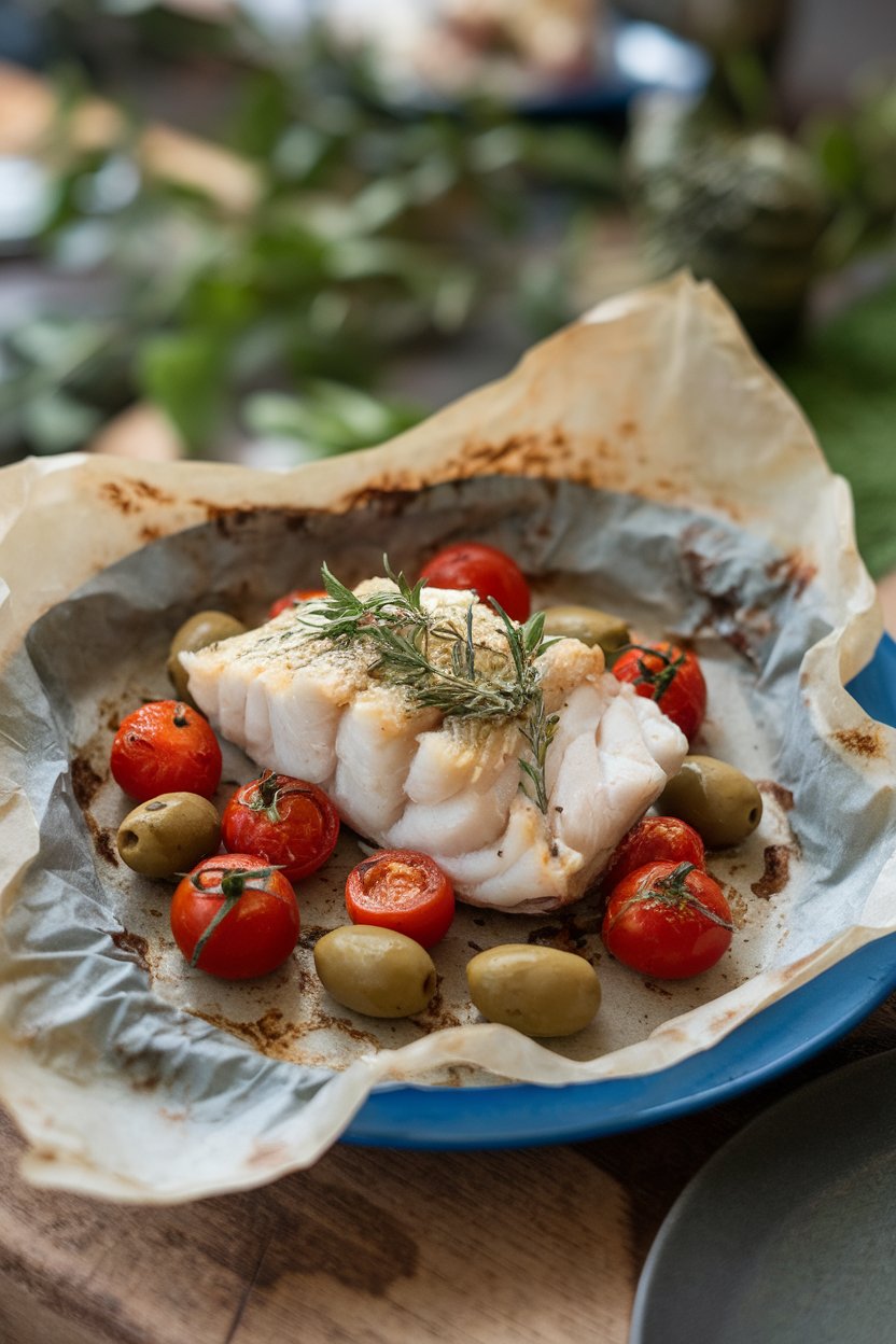 An indoor plate holding a parchment packet opened to reveal baked cod with cherry tomatoes, olives, and herbs; no text or logos; photo