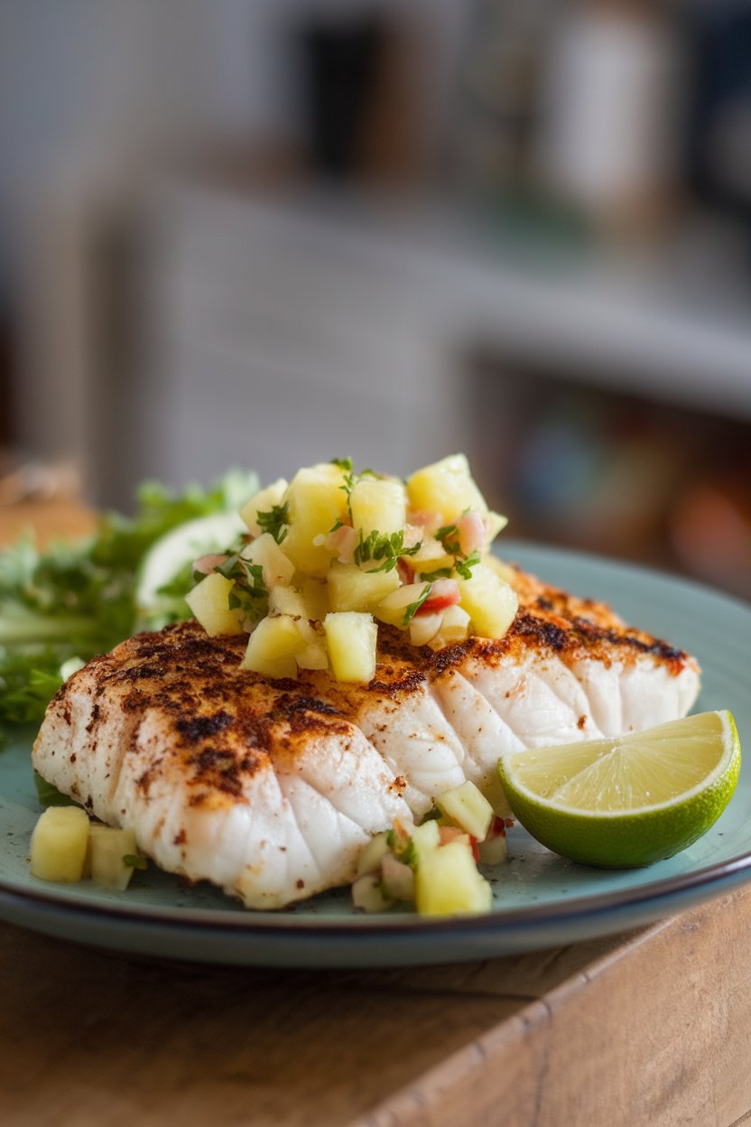 Indoor plate featuring cooked cod fillet coated in blackened spices, topped with chunky pineapple salsa, lime wedge nearby. No text or logos in sight.