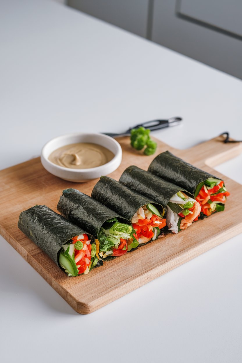 Indoor cutting board with rolled nori wraps filled with colorful veggies and a small bowl of tahini dip—no text or logos.