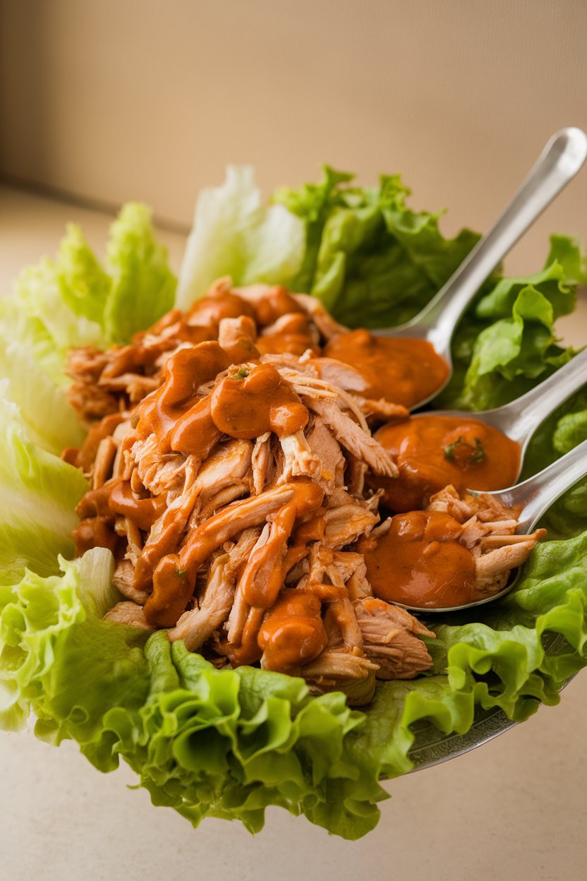 Indoor photo of spoonfuls of shredded chicken coated in peanut sauce, served alongside crisp lettuce leaves on a platter, no text or logos