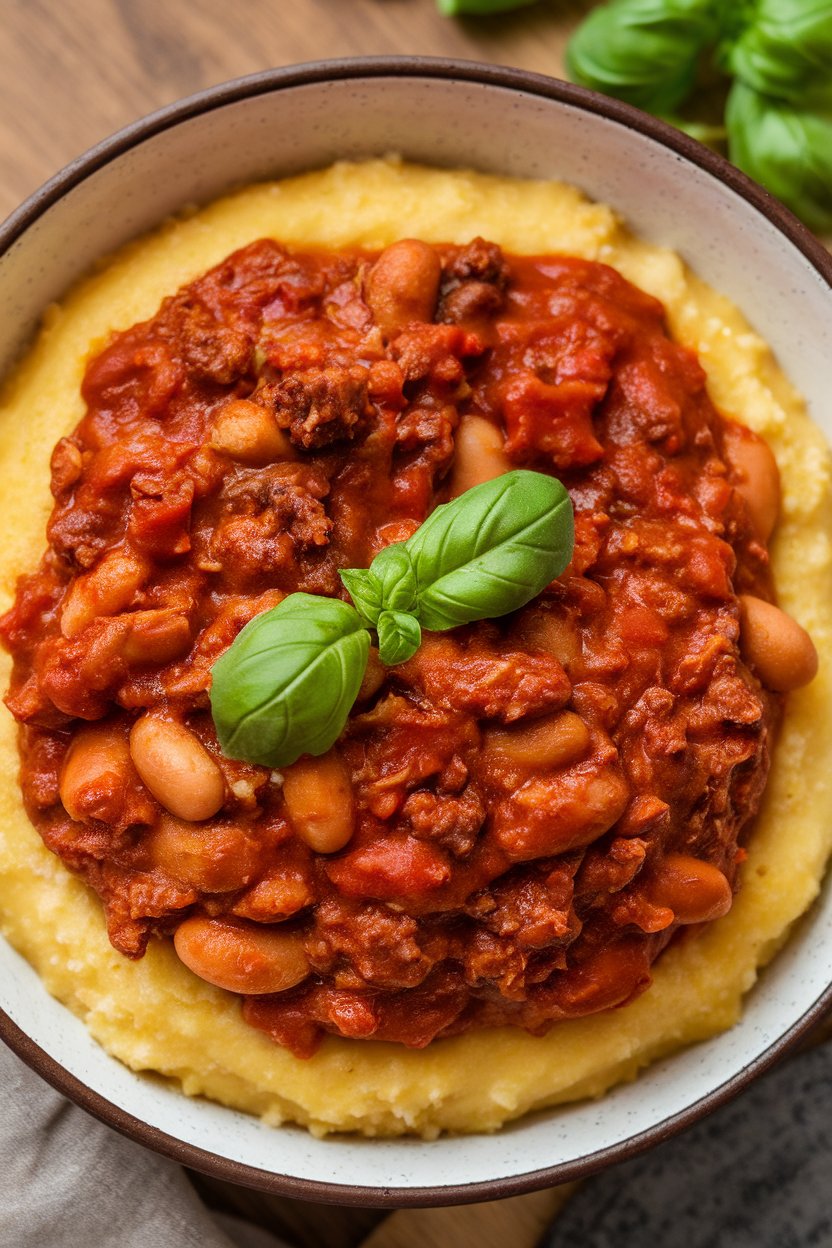 Indoor food photo of chunky borlotto bean ragù over polenta in a bowl; basil garnish, no text or logos.