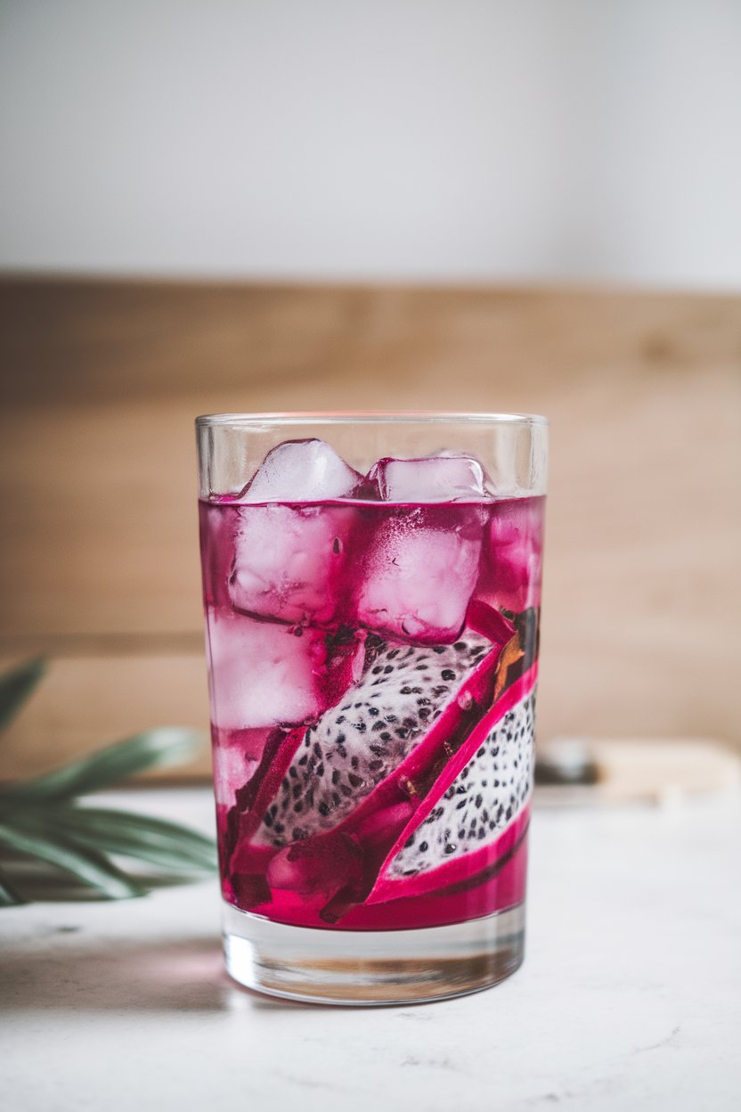 A photo of an indoor highball glass showing bright magenta dragon fruit blended with coconut water, ice cubes glistening; no text or logos.