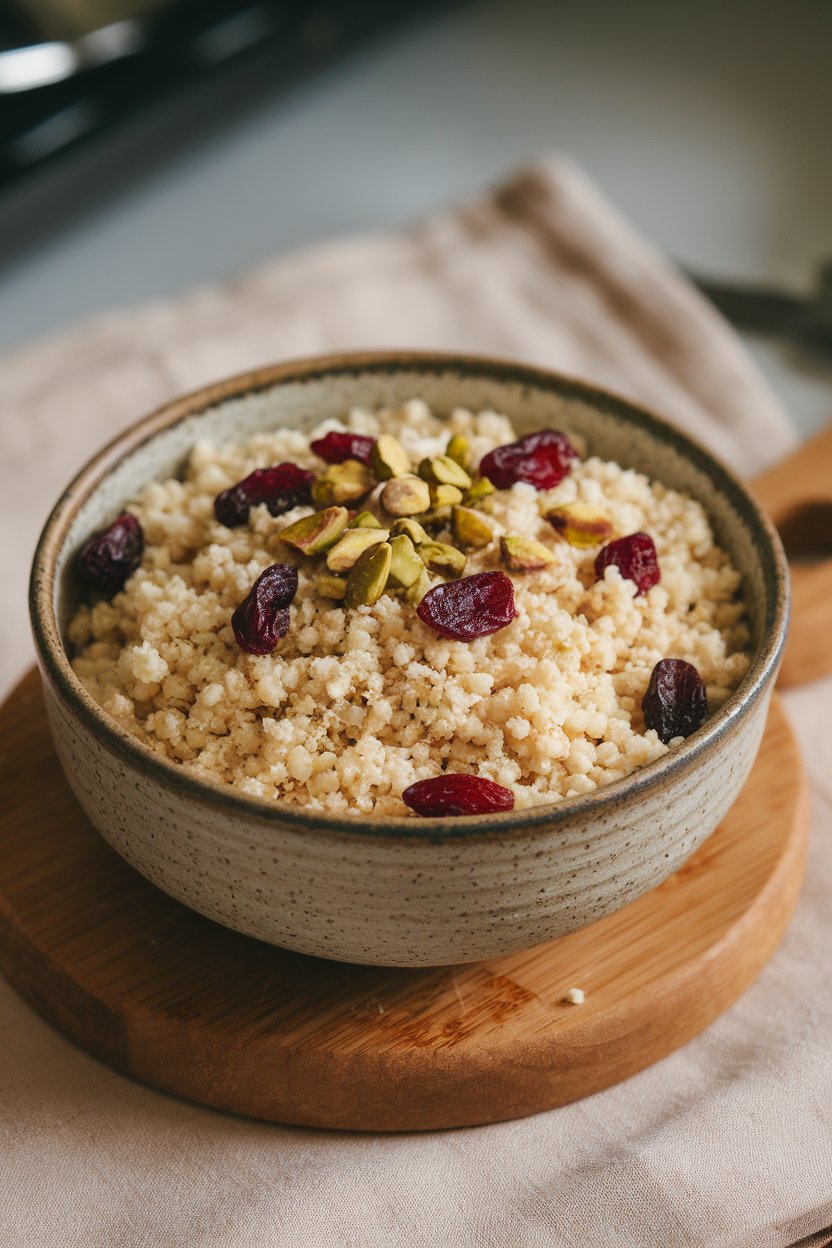 A ceramic bowl indoors of fluffy whole-wheat couscous dotted with dried cranberries and chopped pistachios. No logos or text.