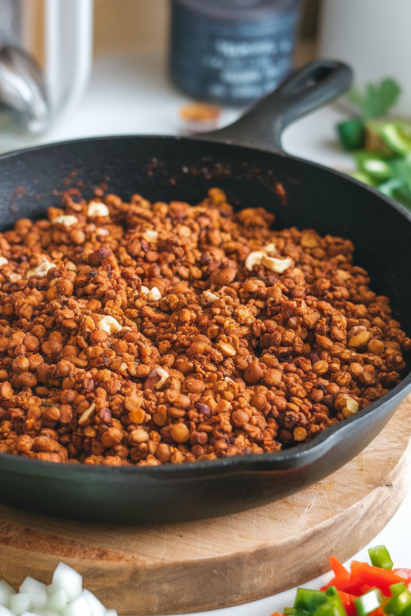 An indoor skillet containing crumbly lentil-walnut mixture seasoned with taco spices; photo only, no text or logos.