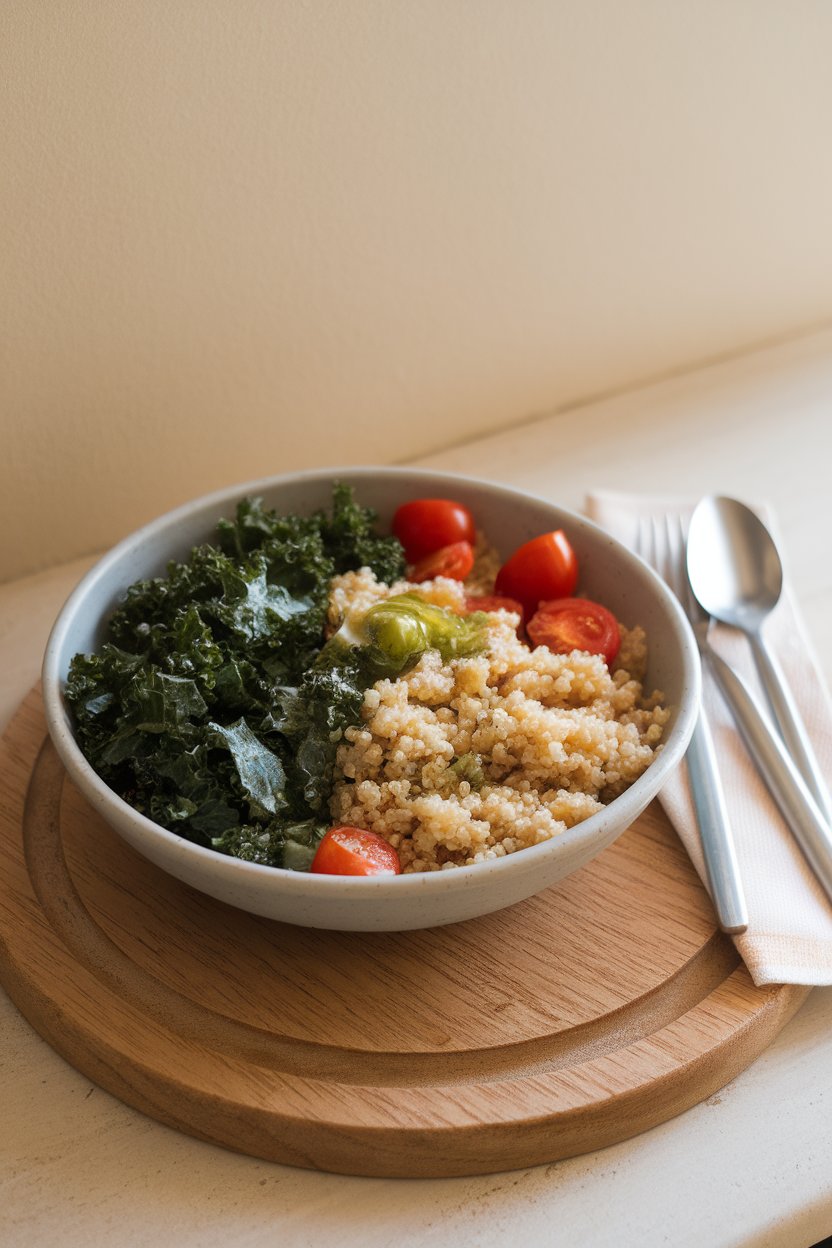 Indoor lunch setting photo of a shallow bowl containing chopped kale, fluffy quinoa, cherry tomatoes, and a light vinaigrette sheen. No text or logos.