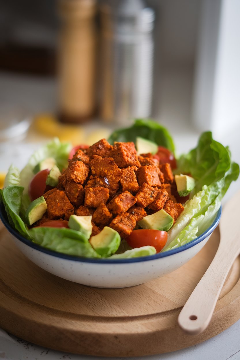 Photo of romaine lettuce topped with spiced crumbled tempeh, cherry tomatoes, and diced avocado indoors, no text or logos.