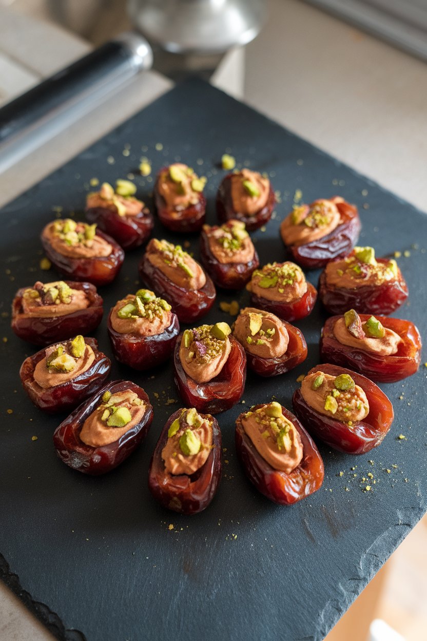 Photo of an indoor slate board featuring glossy Medjool dates split and filled with almond butter, topped with crushed pistachios, no text or logos.