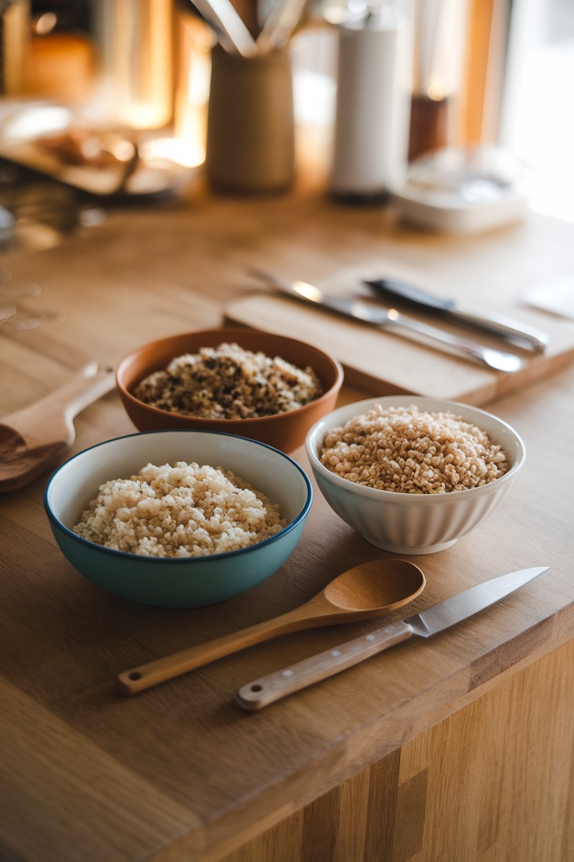 Photo — A wooden kitchen island holding bowls of cooked brown rice, quinoa, and farro in warm indoor light. No logos or text in sight.