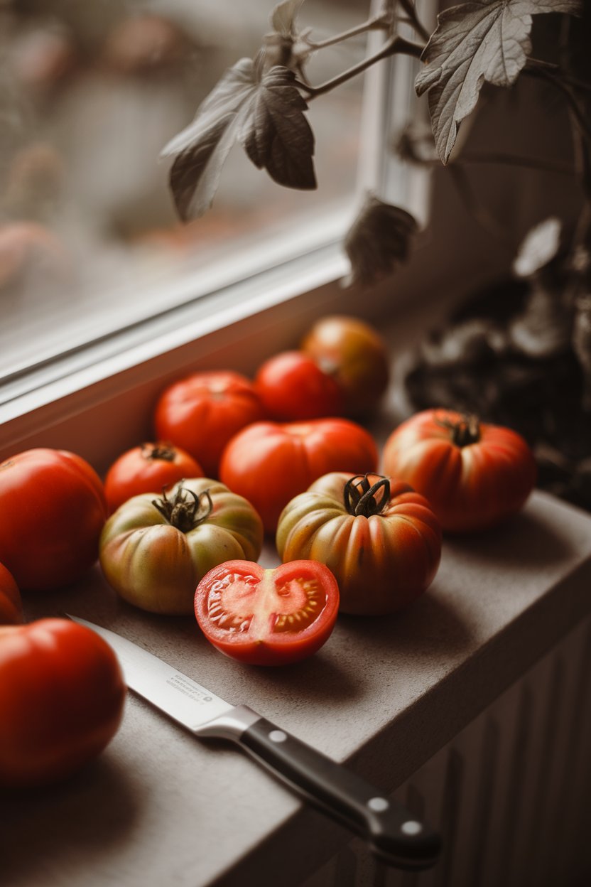 Indoor windowsill with an assortment of ripe tomatoes, one sliced to reveal juicy interior, knife placed beside. No logos or text. Photo.
