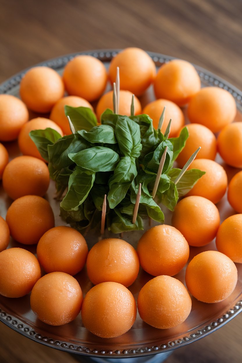 Indoor platter with cantaloupe balls and basil leaves on toothpicks. No text or logos.