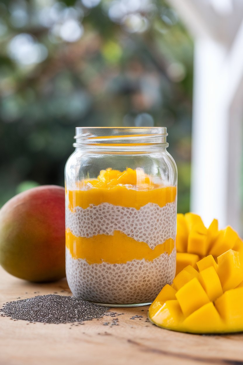 Photo of a clear glass jar indoors layered with coconut chia pudding and bright mango puree. No logos or text.