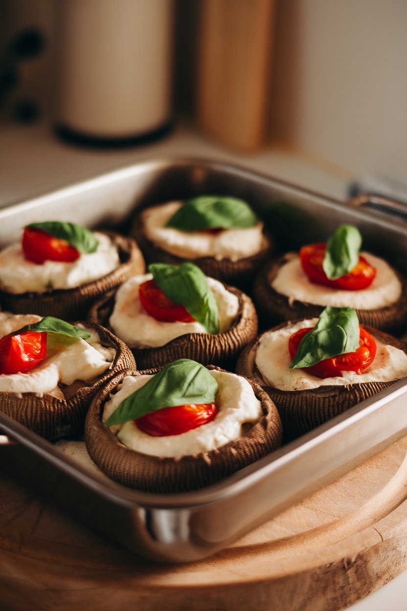 Indoor baking dish of roasted portobello caps filled with melted mozzarella, cherry tomatoes, and basil—no text or logos.