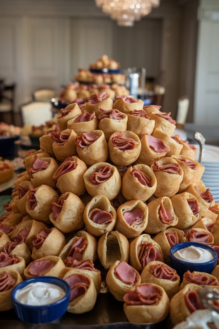 An indoor buffet display of bite-size Yorkshire puddings stuffed with thin roast beef slices and horseradish cream. No text or logos. Photo only.