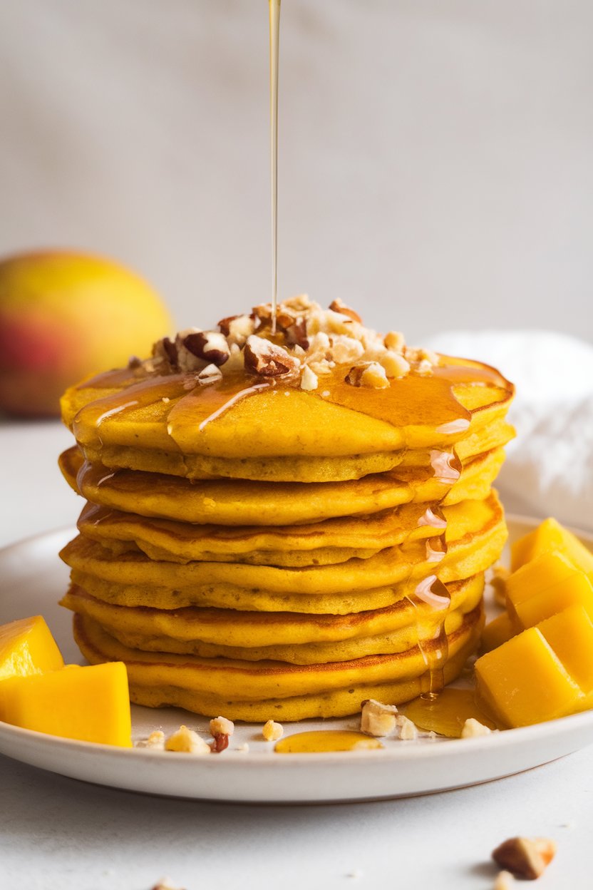 Bright indoor shot of yellow mango-turmeric pancakes stacked beside diced fresh mango; no logos.