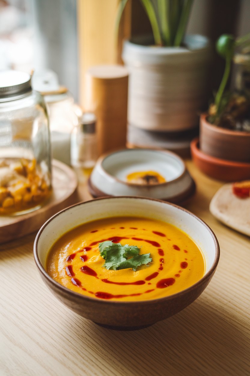Indoor dining nook with a bowl of golden pumpkin coconut curry soup, red chili oil drizzle and cilantro garnish. No text or logos. Photo.