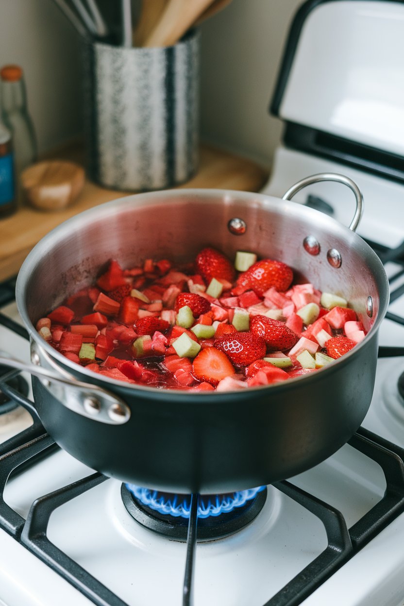 An indoor stovetop saucepan simmering rhubarb strawberry compote, photo only, no text or logos.
