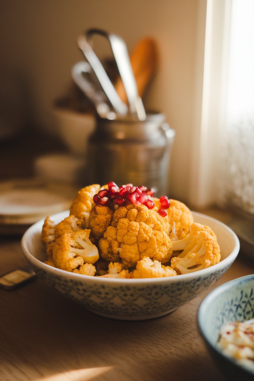 A warmly lit indoor tabletop with a turmeric-spiced roasted cauliflower bowl, drizzled with tahini; no logos. Photo.