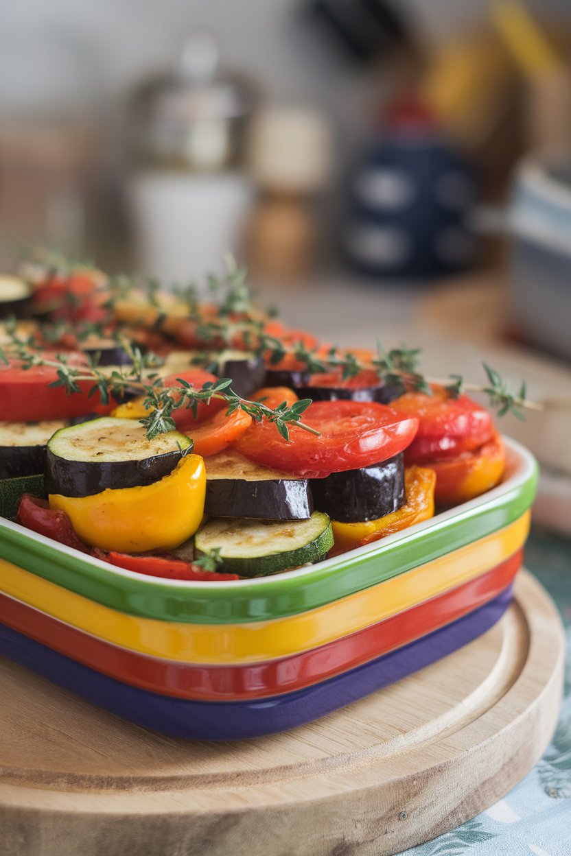 Indoor casserole dish displaying colorful cooked layers of zucchini, eggplant, tomato, and bell pepper topped with thyme sprigs. No text or logos present.