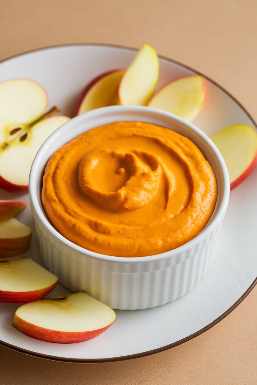 Indoor ramekin of orange pumpkin yogurt dip with apple slices on the side. No text or logos.