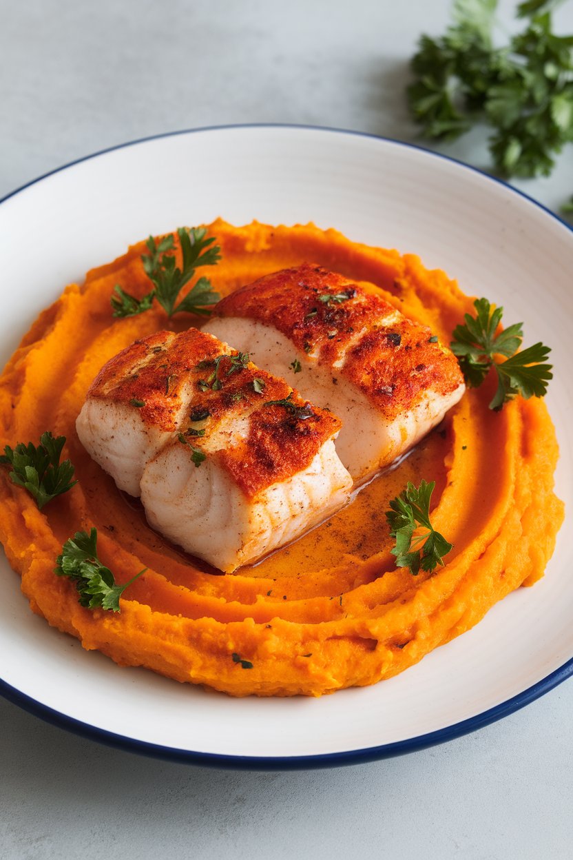 Indoor dinner plate featuring a paprika-rubbed cod fillet on a bed of bright orange sweet potato mash, garnished with parsley. Photo, no text or logos.