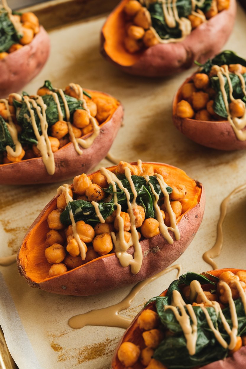 Indoor baking sheet with split baked sweet potatoes filled with spiced chickpeas and wilted spinach, tahini drizzle on top. Photo only, no text or logos.