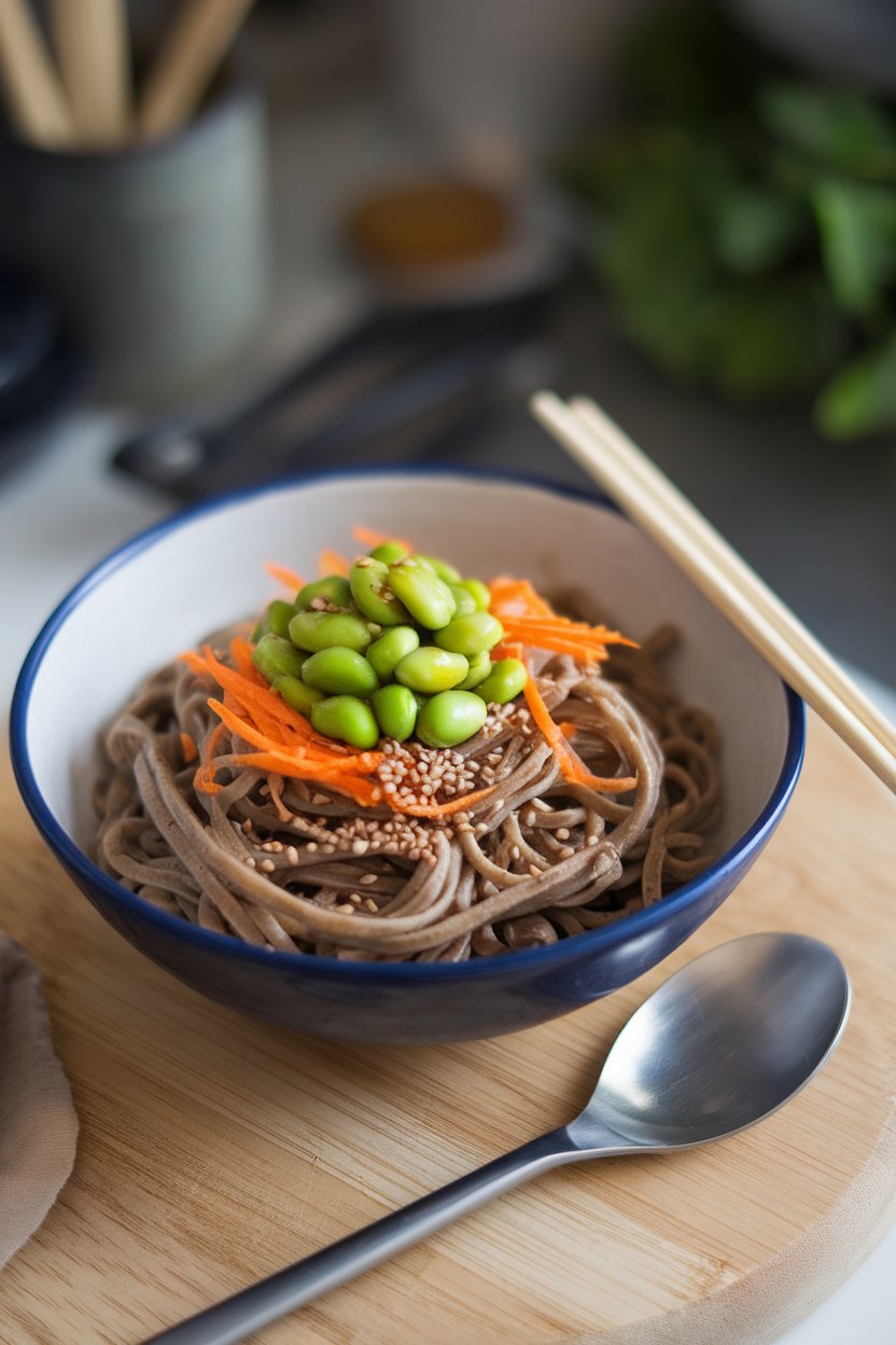 Indoor bowl of buckwheat soba noodles topped with bright green edamame, shredded carrots, and sesame seeds. No text or logos; photo.