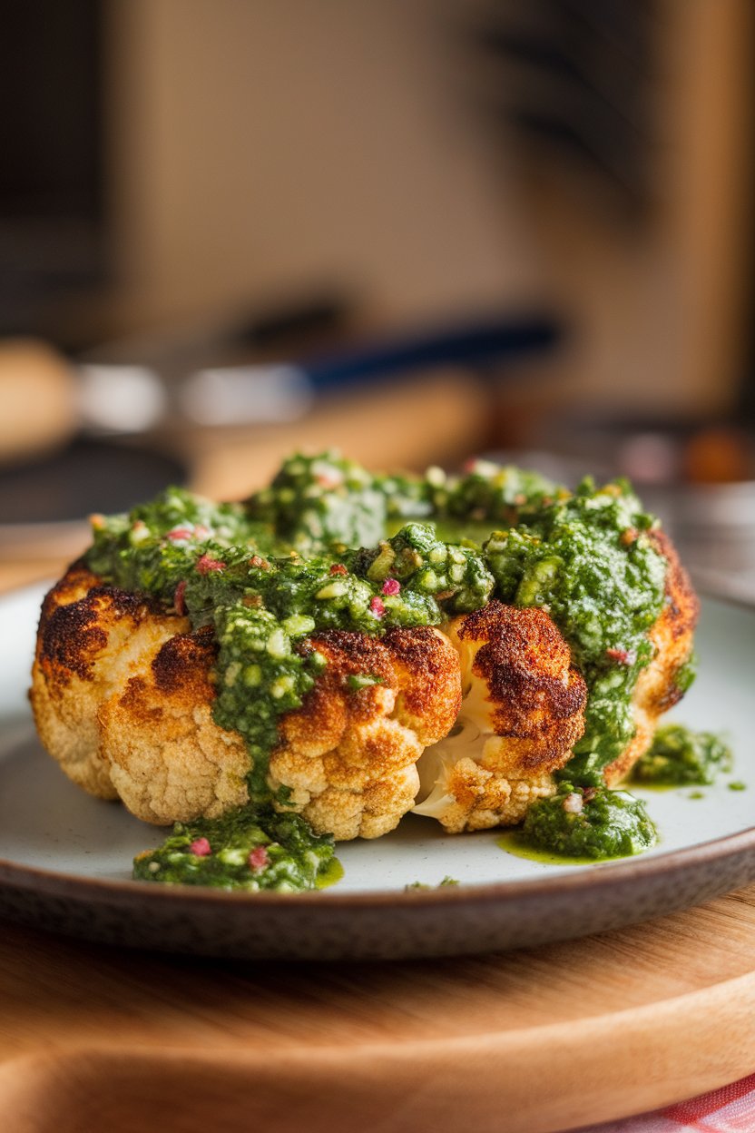 Photo, indoors, plate showcasing a thick roasted cauliflower “steak” topped with vibrant green chimichurri sauce. No text or logos visible.