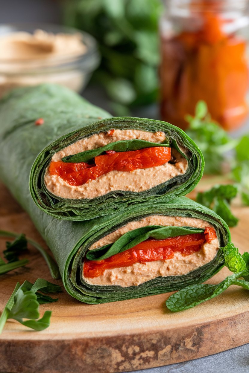 An indoor surface with a sliced spinach wrap showing layers of hummus, roasted red peppers, and baby spinach leaves. No text or logos visible. Photo only.