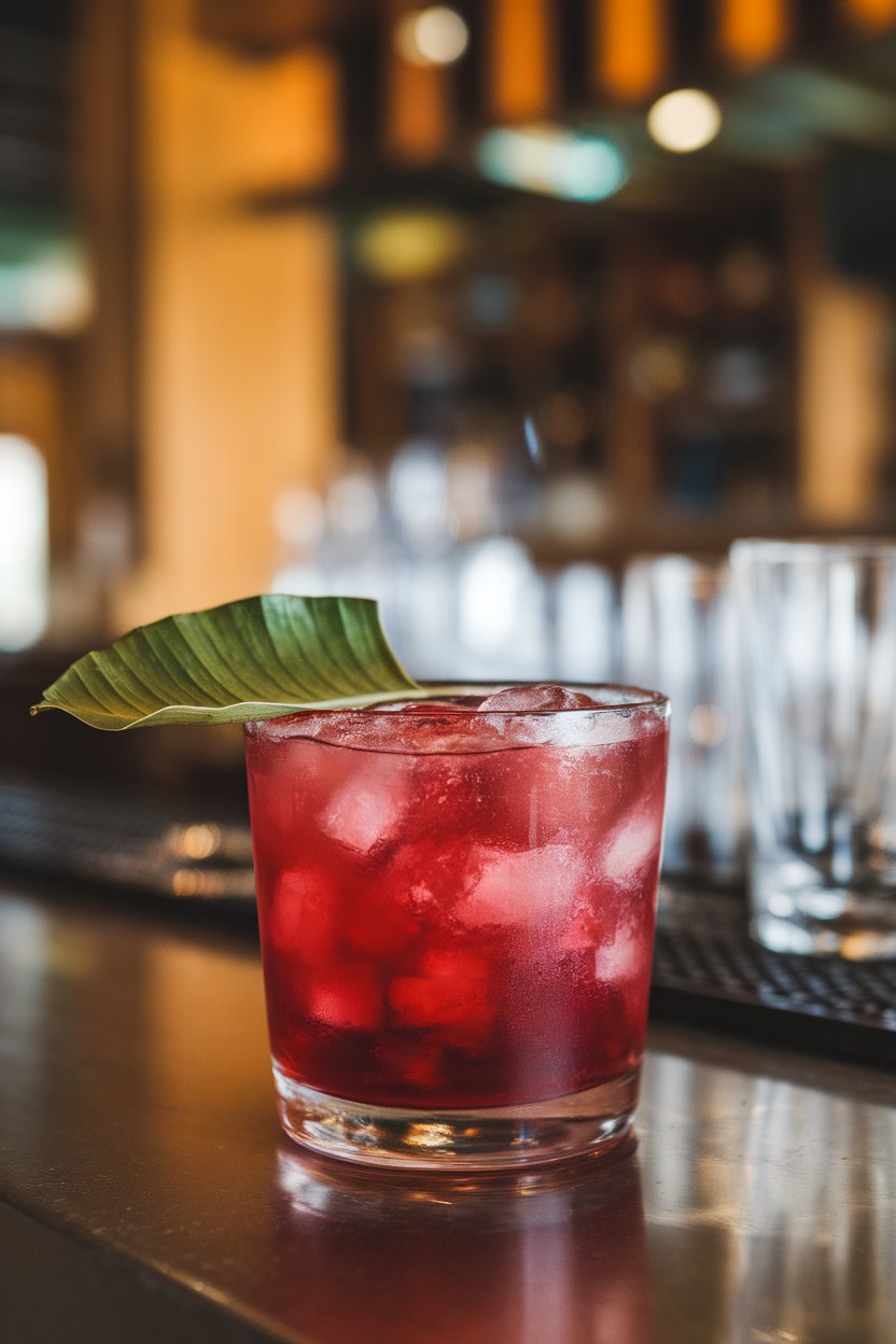 Indoor bar, rocks glass of crimson margarita with kaffir lime leaf resting on ice; no text or logos.