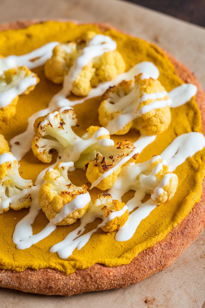 Indoor photo of buckwheat crust pizza with yellow turmeric hue, topped with roasted cauliflower florets and a dollop of yogurt drizzle, no text or logos