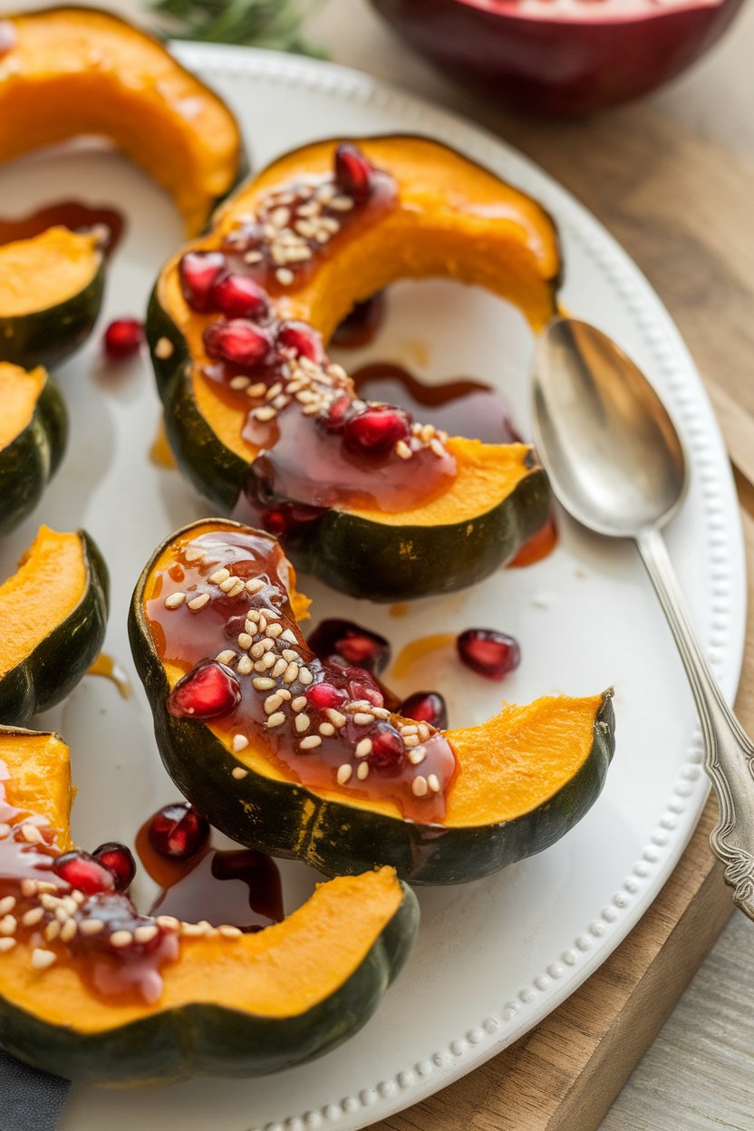 Indoor platter with acorn squash crescents drizzled in glossy pomegranate molasses and sprinkled with sesame seeds. No text or logos.
