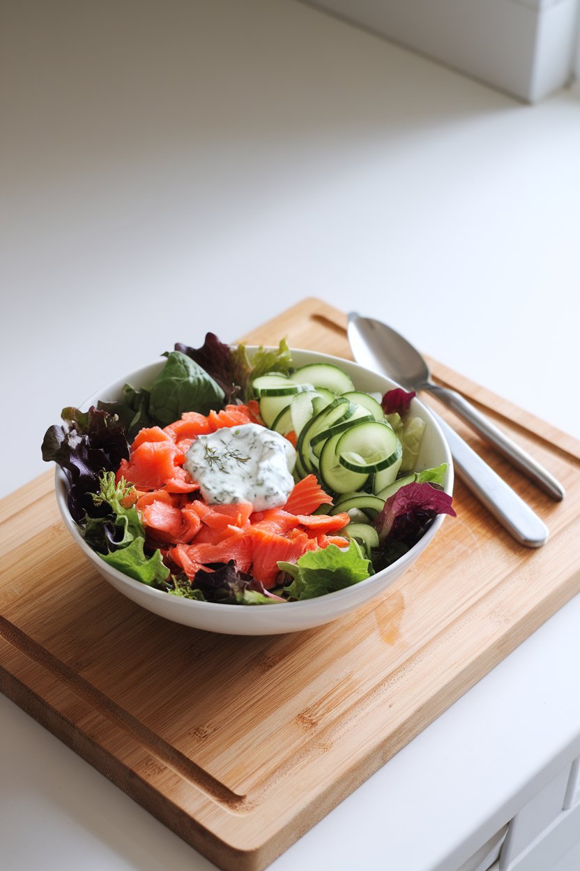 A brightly lit indoor countertop with a salad bowl filled with mixed greens, flaked salmon, cucumber ribbons, and a dollop of herbed Greek yogurt dressing on top. No logos or text present.