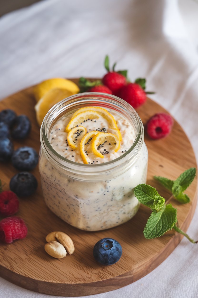 Indoor brunch table shot of a jar of creamy oats with visible poppy seeds and lemon zest spirals on top. No logos or text. Photo only.